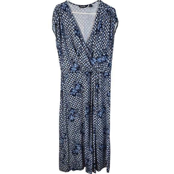 Lands End Dress Women's 1X 16W-18W Blue White Tropical Floral Surplice Coastal - Picture 1 of 9